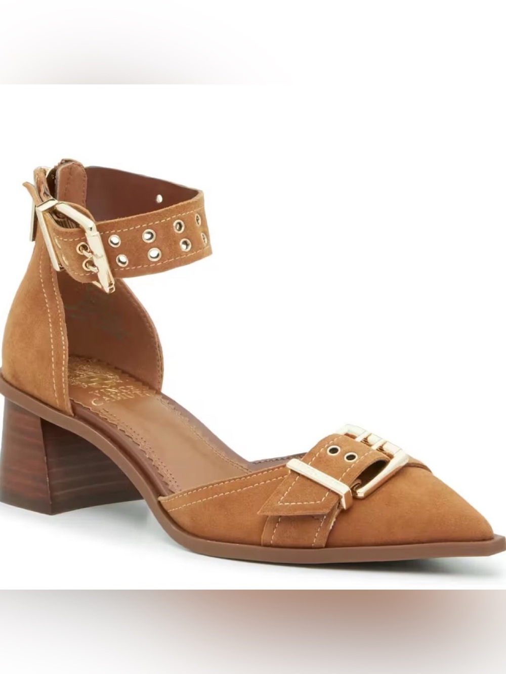 Vince Camuto Tan Suede Pointed-Toe Buckle Ankle-Strap Heels